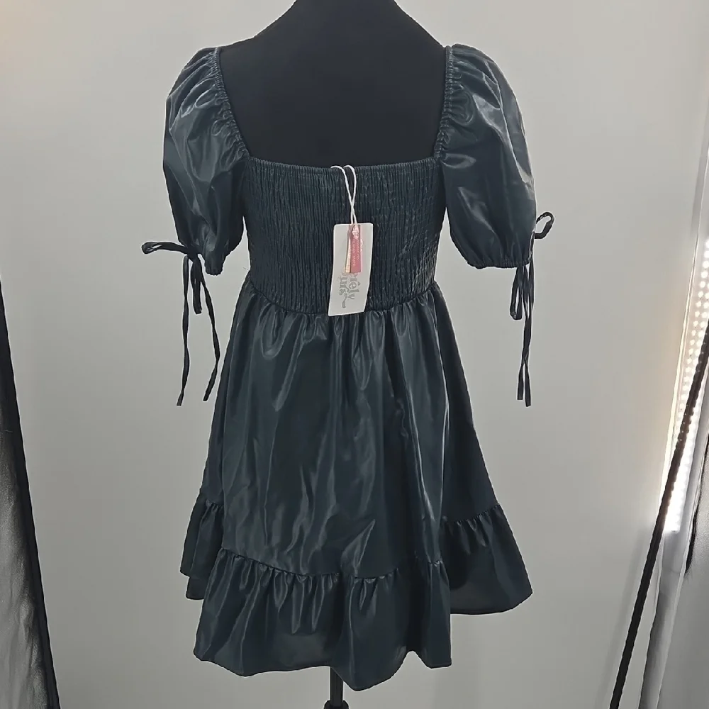 Chic Dark Green Faux Leather Puff Sleeve Mini Dress - Picture 4 of 16